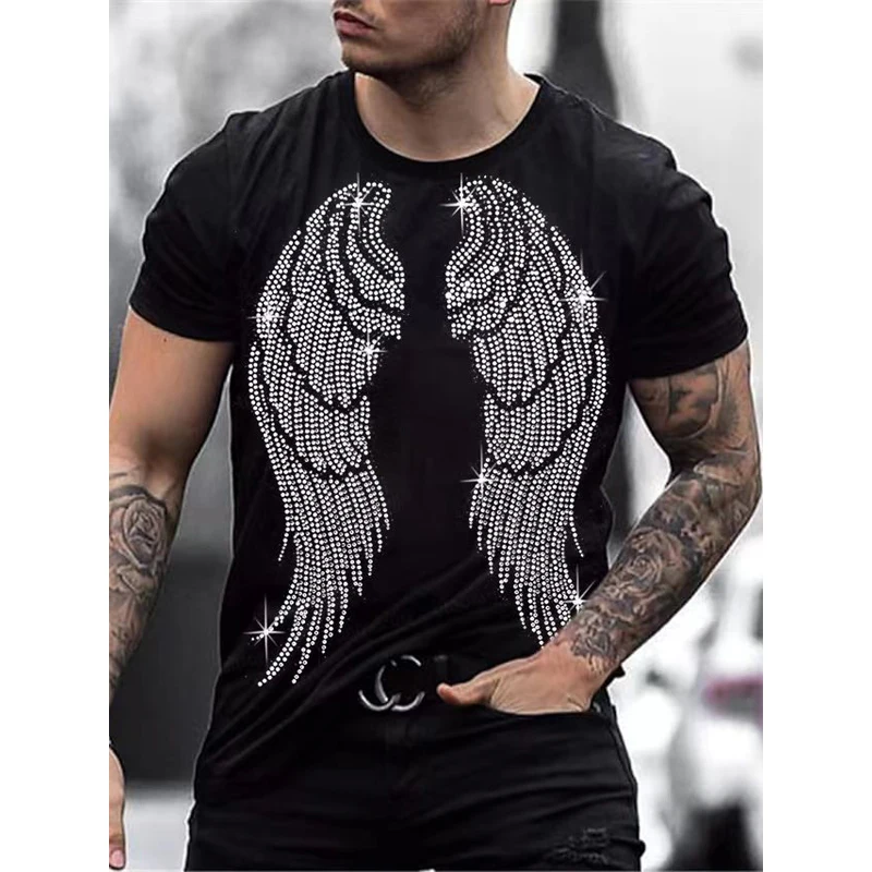 New Mens Quality Oversized Fashion y2k Summer Tee Tops  Designer Angel wing Rhinestone Club Short Sleeve Street O-Neck t-shirt