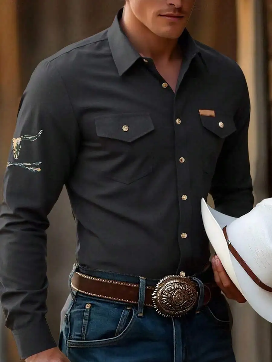 

Men's Western Style Long Sleeve Shirt with Skull Embroidery, Casual Button-Up