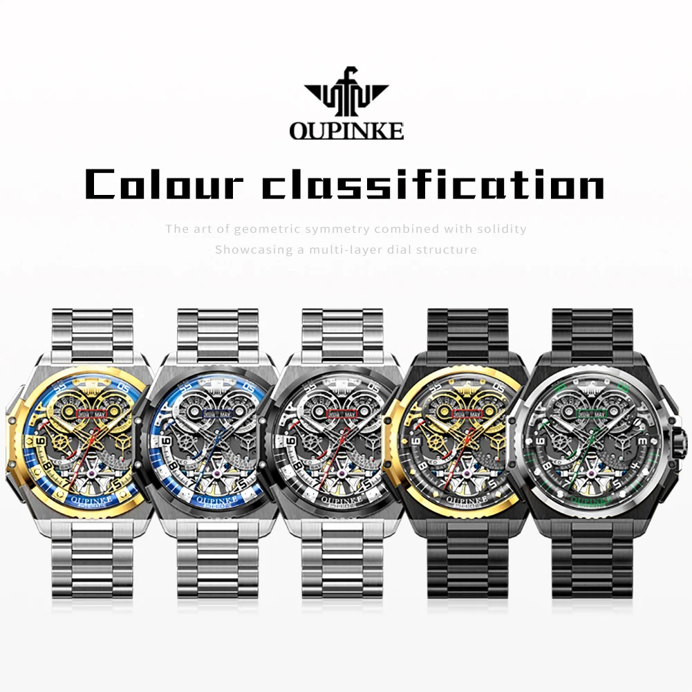 OUPINKE Multifunction Mechanical Wrist watch for Men Tungsten steel Strap Luxury Date Chronograph Men Watches Flywheel Design