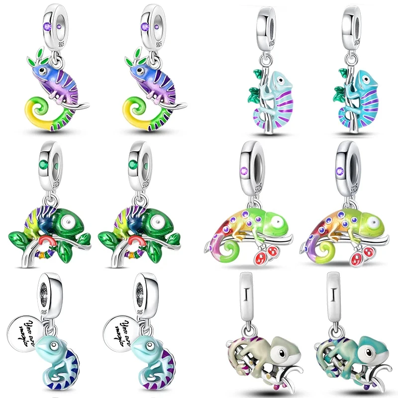100 % 925er Sterlingsilber, bunte leuchtende Chamäleon-Charms, Perlen für Pandach 925 Original-Armbänder, DIY-Geburtstagsschmuckherstellung