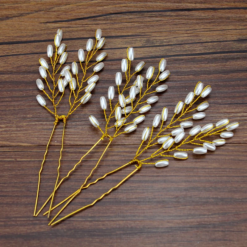 3PCS Gold Color Handmade Bridal Hair Pin Sticks Pearls Women Vine Wedding Hairpins For Bridesmaid Accessories Jewelry