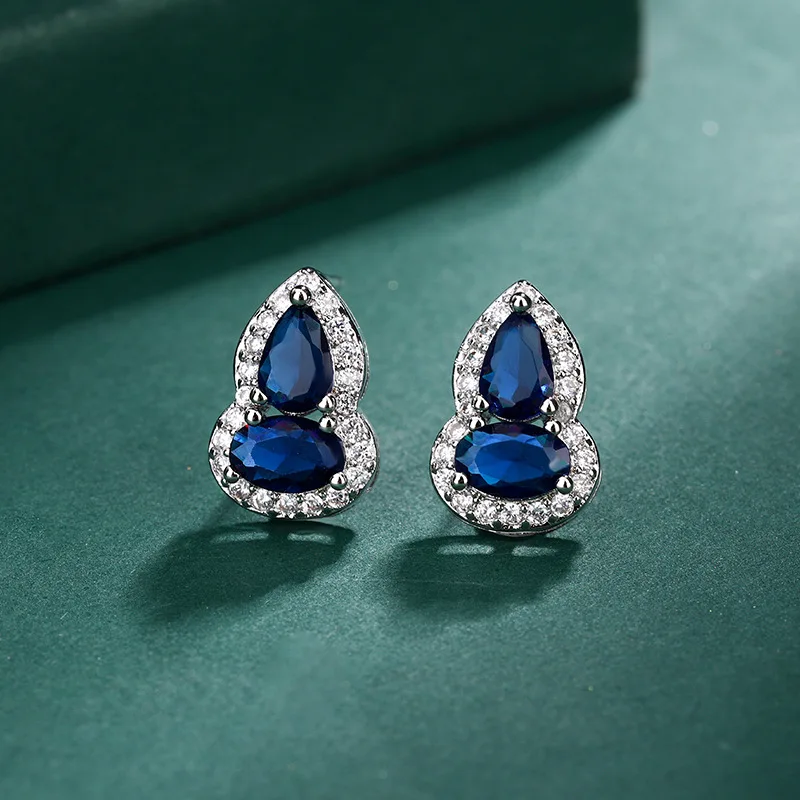 S925 Silver Needle European and American Style Royal Blue Gemstone Gourd Bracelet and Earring Set for Women