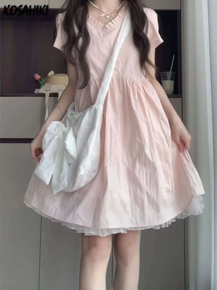 

Pink Sweet Fairy Bow Embroidery A-Line Dress 2025 Women Vintage Patchwork Lace Dresses Y2k Aesthetic Puff Sleeve Summer Vestidos