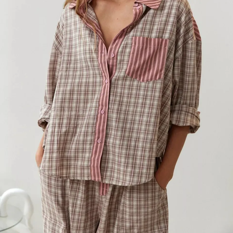 Stripe Plaid Patchwork Blouse Women And Loose Pant Sets Casual Pajamas 2pcs Long Sleeve Lapel Shirts Home Sleepwear Women Outfit