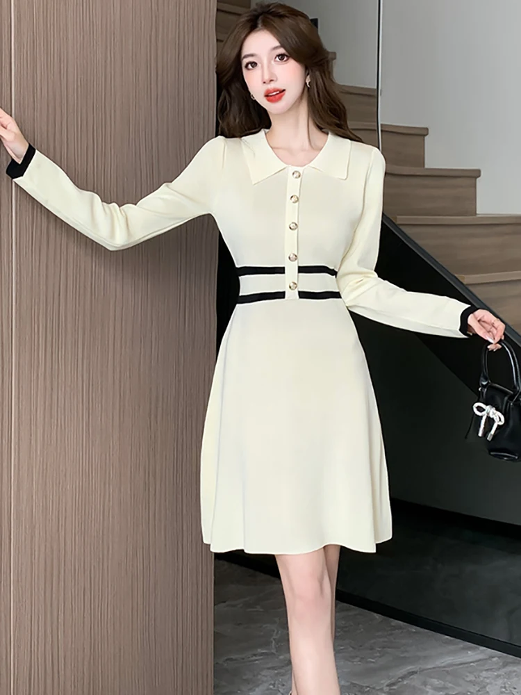 الخريف الشتاء الأبيض محبوك كم طويل بولو طوق ميدي فستان المرأة أنيقة السببية ألف خط فستان 2025 الكورية Bodycon فستان الحفلات