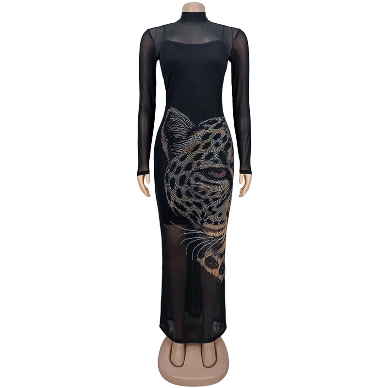 BKLD Fashion Two-piece Clothing Women Wild Sexy Leopard Pattern Rhinestone Splicing Long Sleeve Mesh Dress+Sling Tank Mini Dress image 6