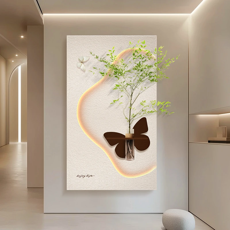 

Modern Decorative Painting With Sandstone Texture for Home Decor Vertical Style With a Vase and LED Illuminated Mural