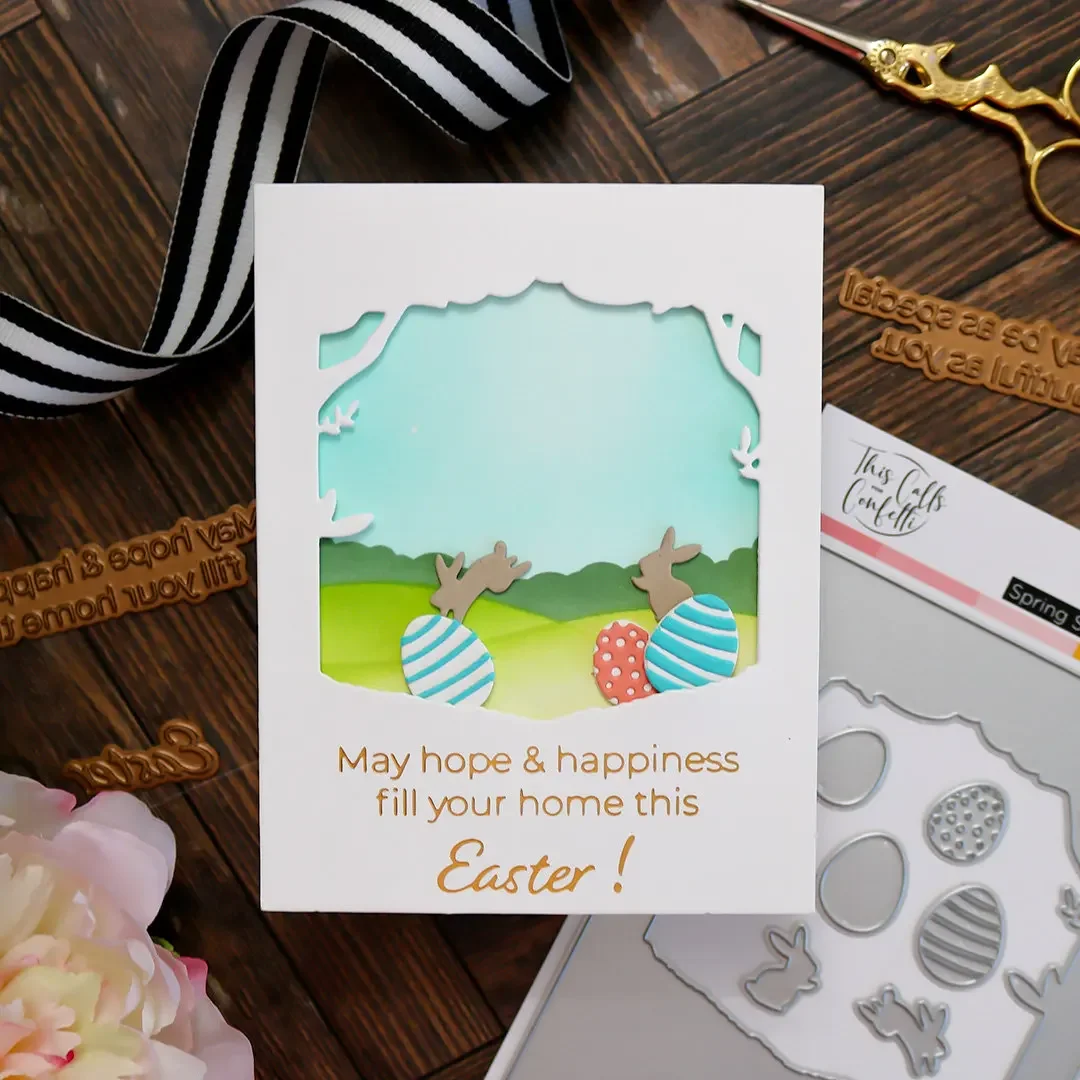 2025 Spring Bunnies Heart Bloom Scene Clear Stamps Metal Cutting Dies Stencil Hot Foil DIY Making Card Scrapbook Craft Template