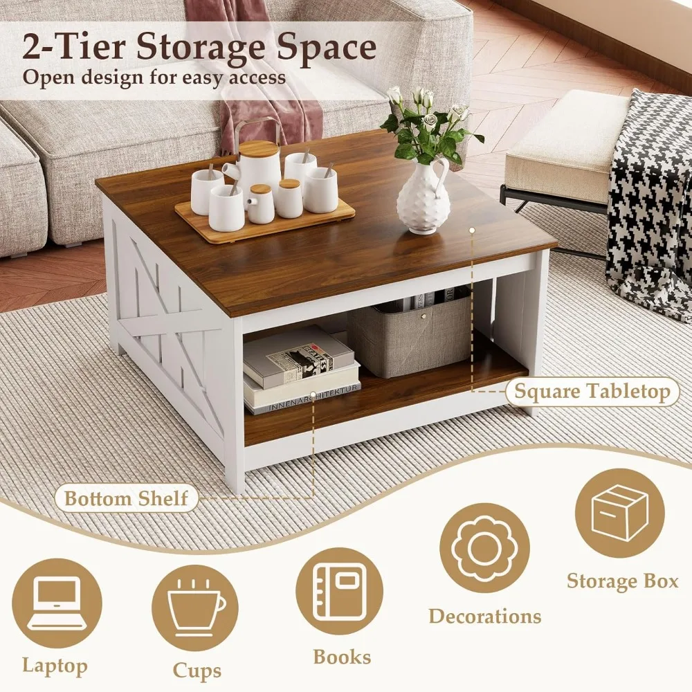 

Farmhouse Coffee Table, 31 Inch Square Wood Coffee Table with Storage Shelf, 2-Tier Vintage Center Table with Open, Customized