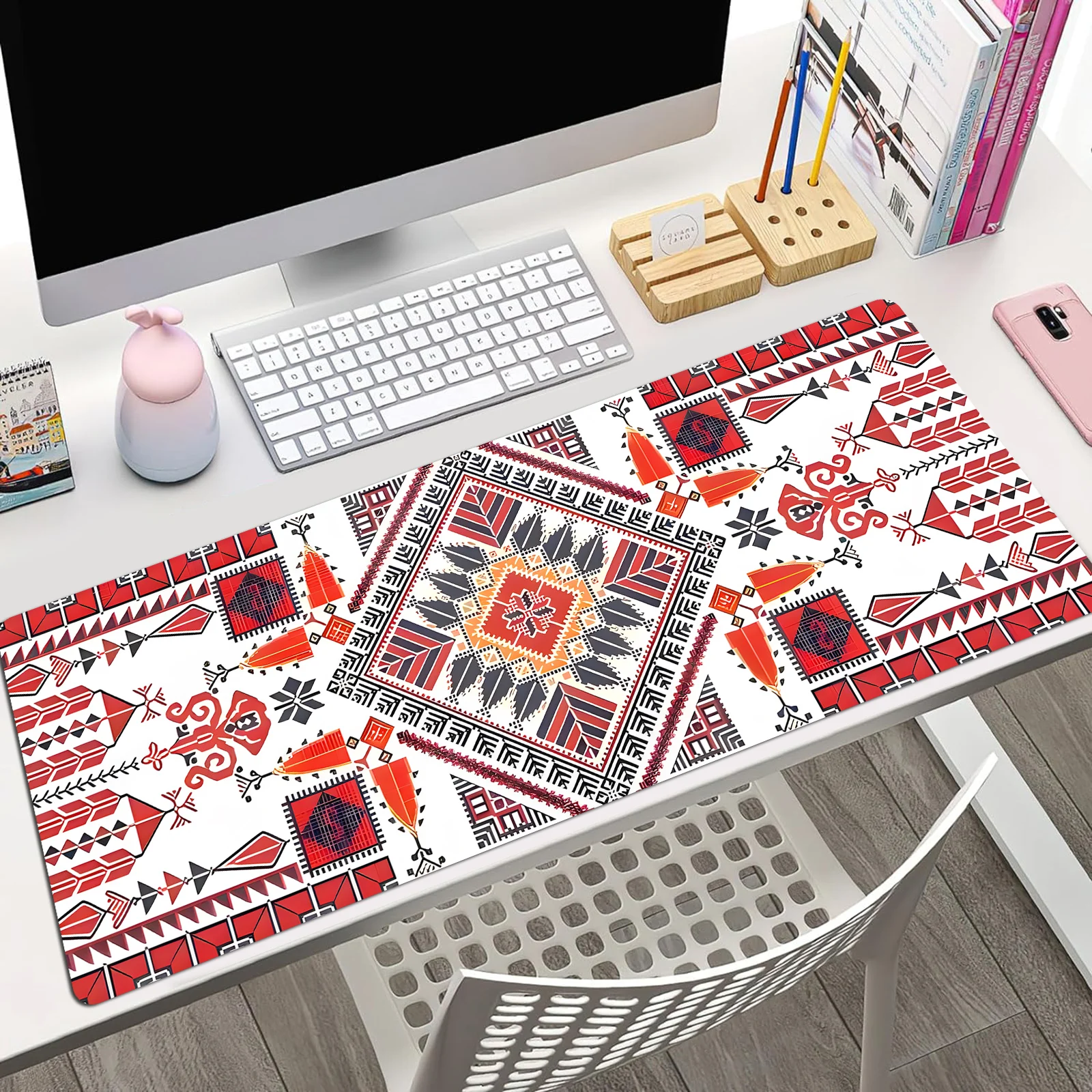 

Удлиненный коврик для мыши с геометрическим узором, 80 x 30 см, нескользящие прошитые края, подходит для игр, настольного компьютера, абстрактное использование, полиэфирная резина