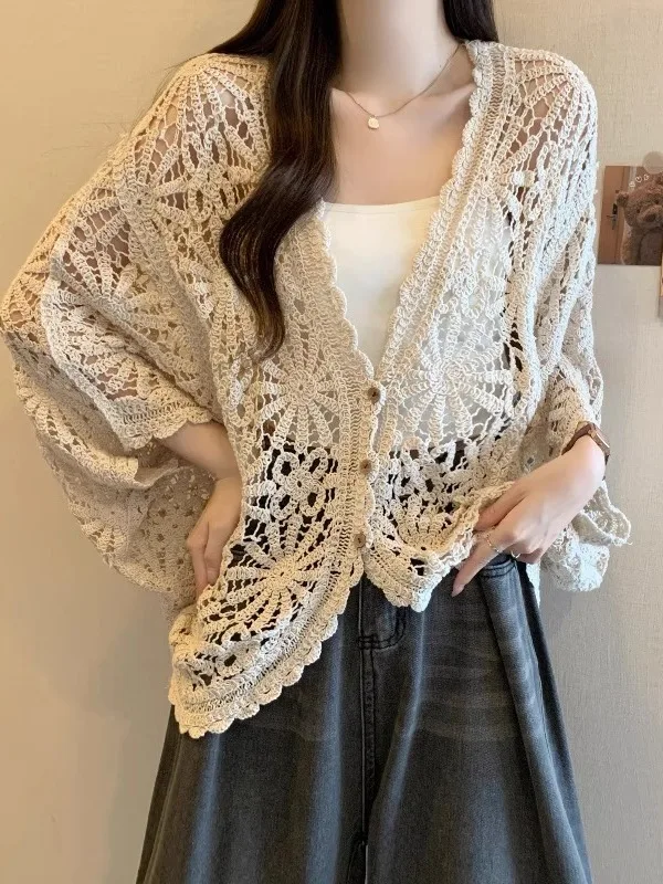 

Летний кружевной длинный кардиган размера плюс све V-Ne, женская солнцезащитная верхняя одежда, свободный крой, корейский топ