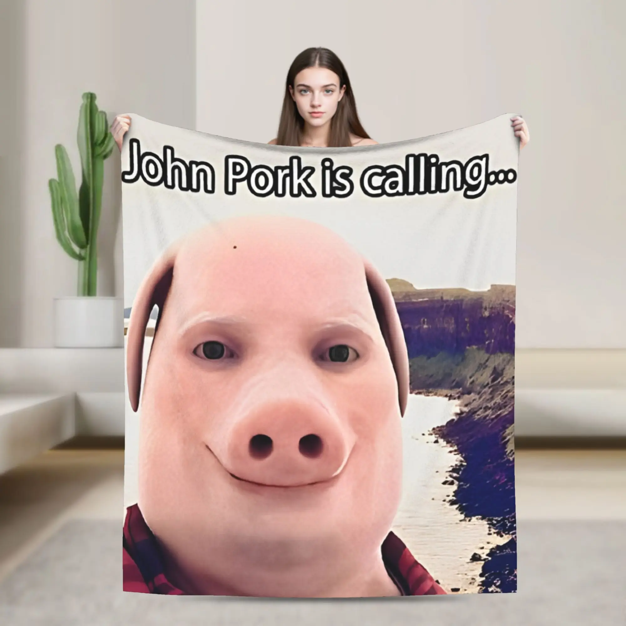 John Pork Is Calling Funny Blanket Flannel Pig Meme Super Soft Throw Blankets for Home Couch Bedroom Quilt