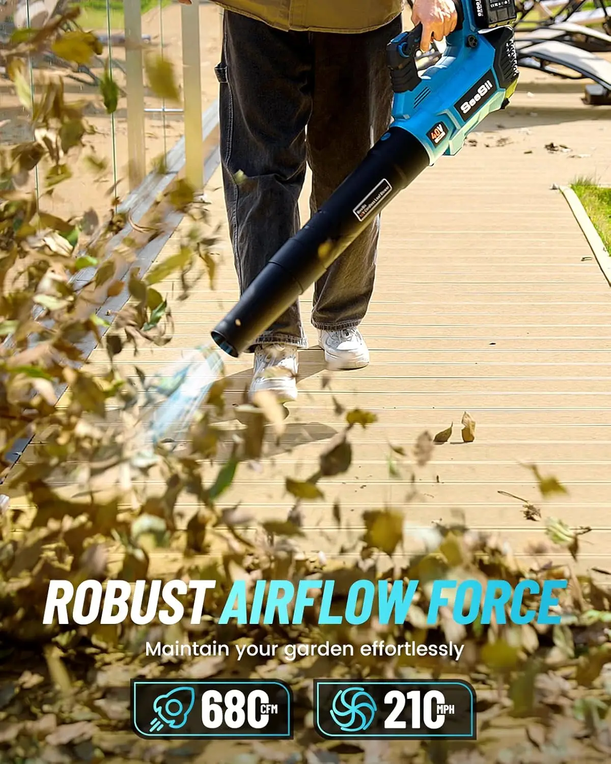 SEESII 40 فولت منفاخ أوراق الشجر الكهربائية اللاسلكي 680CFM/210MPH فرش السيارات 2*5200 مللي أمبير بطارية متغيرة السرعة التحكم وزر توربو #4