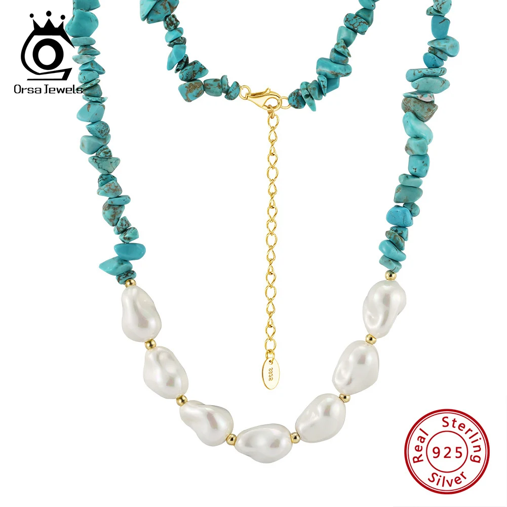 

ORSA JEWELS New S925 Silver Turquoise Stone Necklace with Baroque Shell Pearl Neck Chain for Women Choker Chain Jewelry GMN56