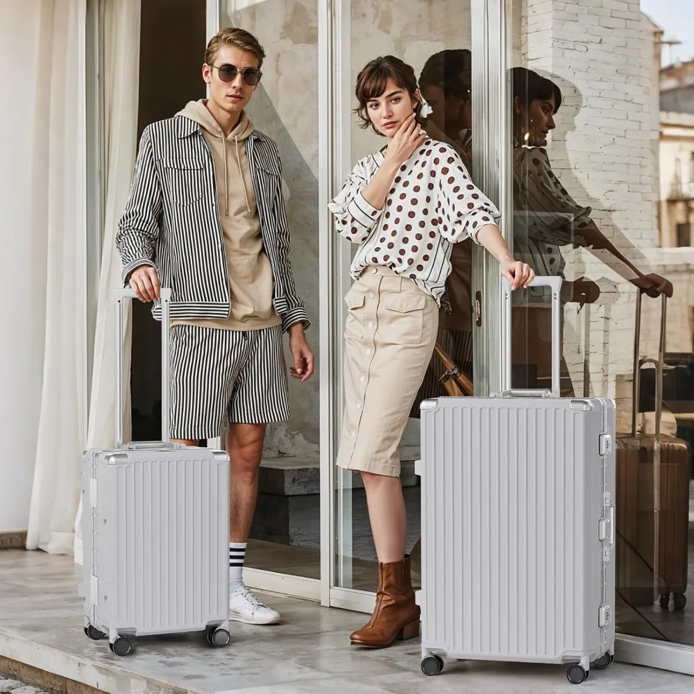 Juego de maletas de viaje con marco de aluminio, 2 piezas, para llevar y comprobar, carcasa dura de ABS para PC, cerradura TSA, sin cremallera, plateado, 20/28 pulgadas