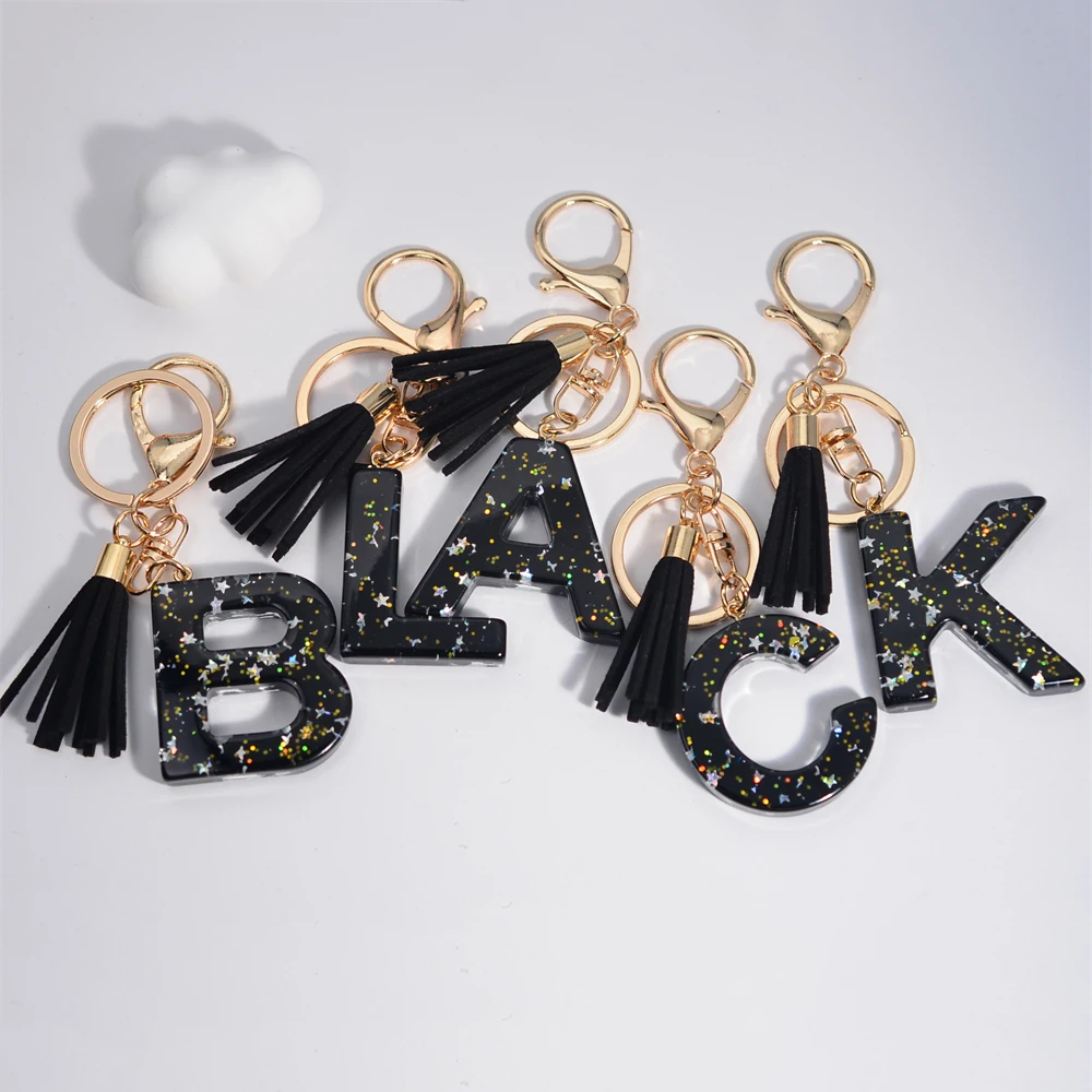 Black Initials A-Z Keychain Glitter Star Sequins Resin Letters Keyring With Tassel For Women Bag Ornaments Charm Car Key Holder