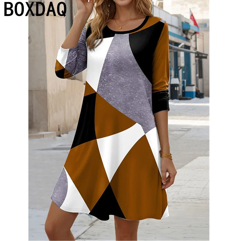 Women Autumn Winter Long Sleeve O-Neck Casual Dress 3D Colorful Geometry Splice A-line Dress Retro Elegant Lady's Dress Vestidos