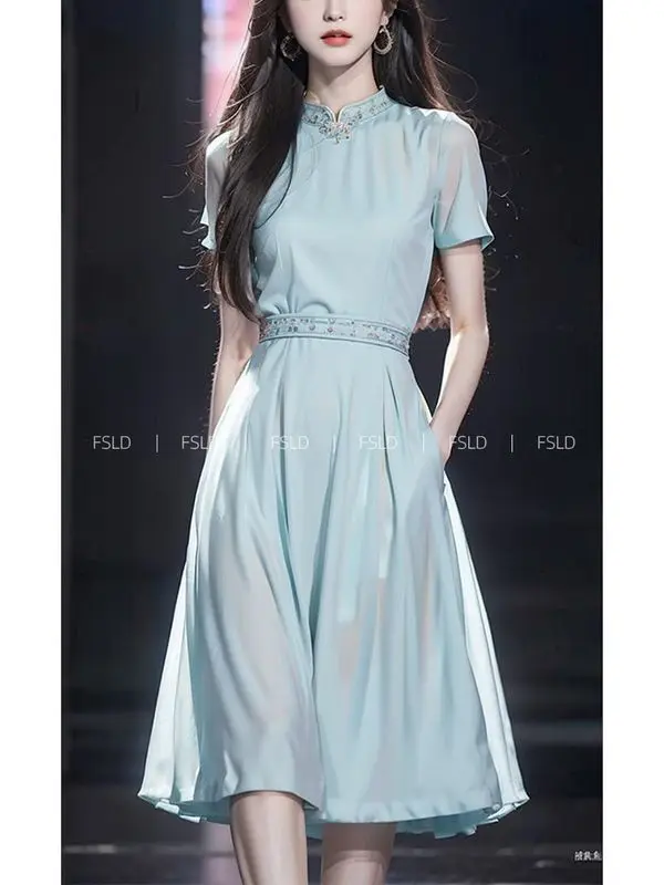 Nowa wysokiej klasy chińska letnia sukienka damska moda z krótkim rękawem wąska talia linia eleganckie sukienki Midi Temperament Vestidos szata