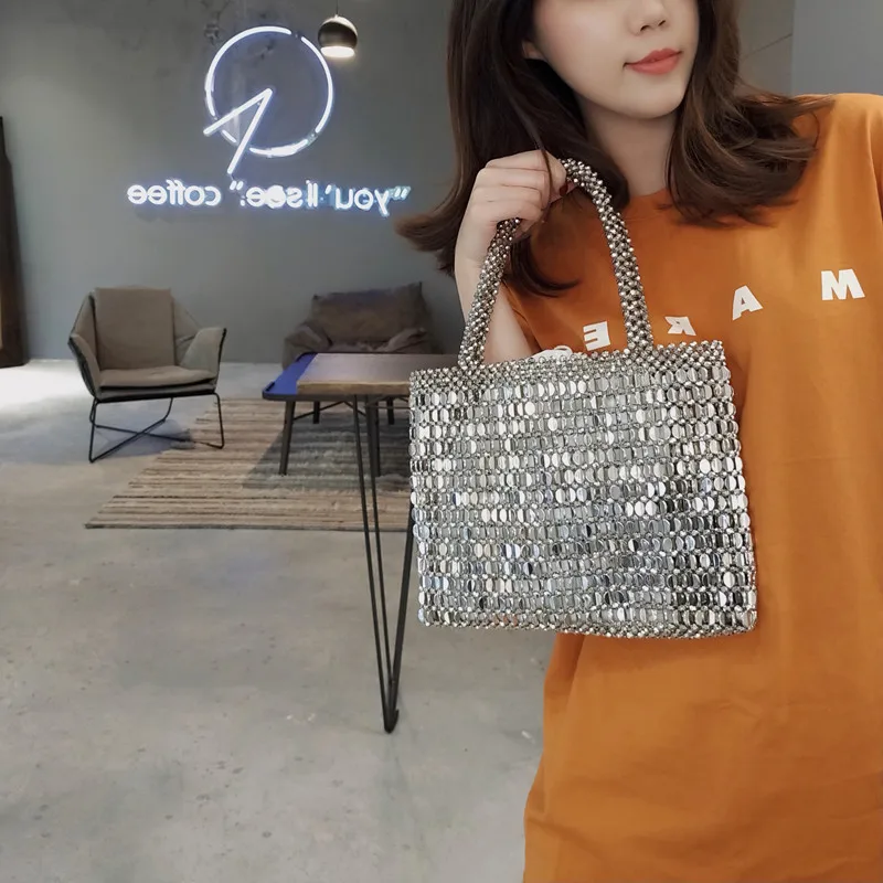 Vintage Handmade Ladies Handbag Weave Beaded Fashion Silver Color Shining Sequin Shoulder Bag Clutches Womens Party Handbag 2022