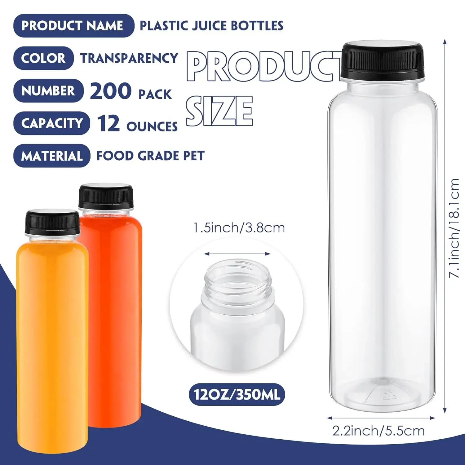 

200 упаковок пластиковых бутылок для сока с крышками, прозрачные многоразовые контейнеры для напитков с крышками, пустые ПЭТ-бутылки для напитков оптом (черный, 12 унций)