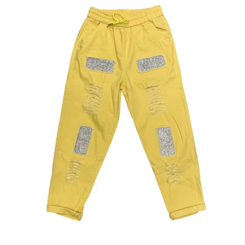 Calça jeans feminina de cintura alta solta, calça casual de cowboy feminina, buraco elástico, harém de doces, perfuração quente, novo, primavera, verão, 2022