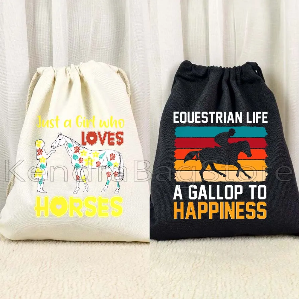 馬を愛した少女キャンバス巾着バックパックカラフルな馬ガールレーシング乗馬ギフトスポーツジムサックパックバッグ