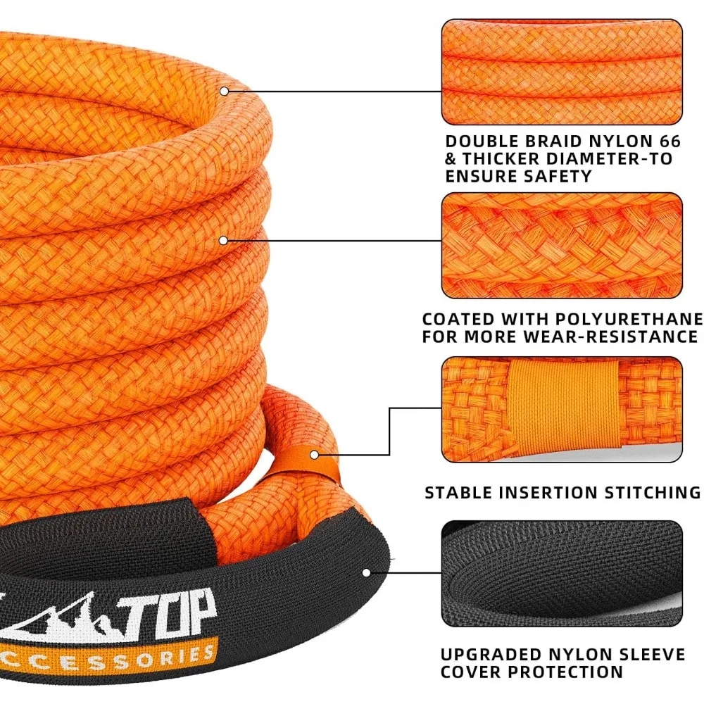 طقم حبل استعادة مرن عالي القوة مع أغلال ناعمة، سعة 48000 رطل، 1 بوصة × 20 قدم، مناسب للاستخدام عالي التحمل، 1