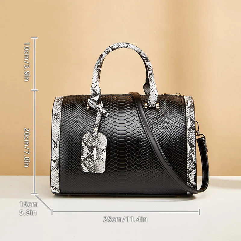 2024 New Women\'s Fashionable Snake Pattern Boston Handbag, Large-Capacity Multi-Compartment Double Handle, Detachable Shoulder Strap, Can Be Worn on