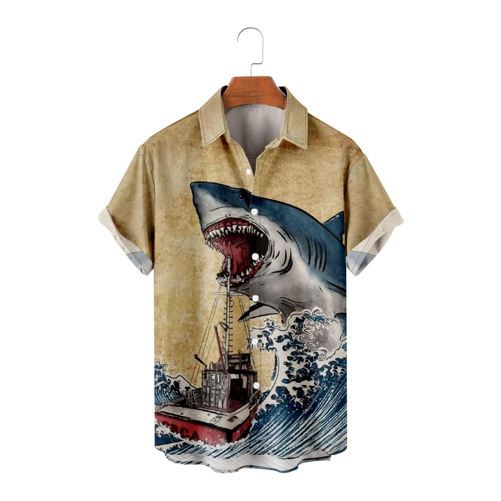 Casual Shirts for Men Shark Print Sea Wave Tops Short Sleeve Summer Beach Vacation Shirt Breathable