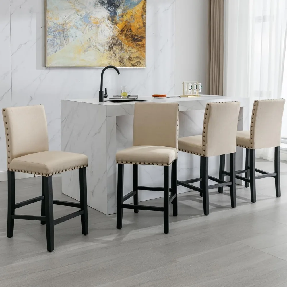 4-piece Bar Stool Set, 24 inch Counter Height Bar Stool with Nail Head, Suitable for Kitchen and Restaurant