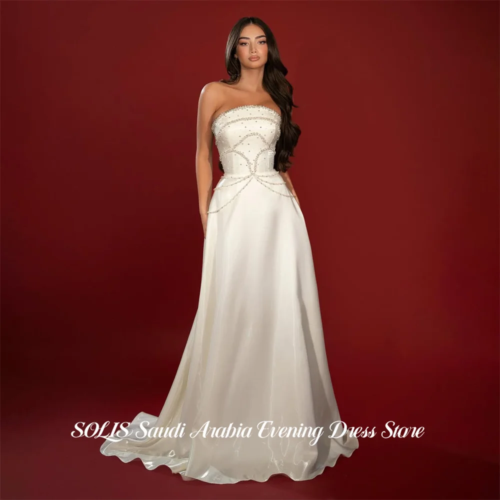 

SOLIS White Party Dresses Strapless Evening Dresses with Pearls فساتين السهرة A Line Floor Length Simple Customized