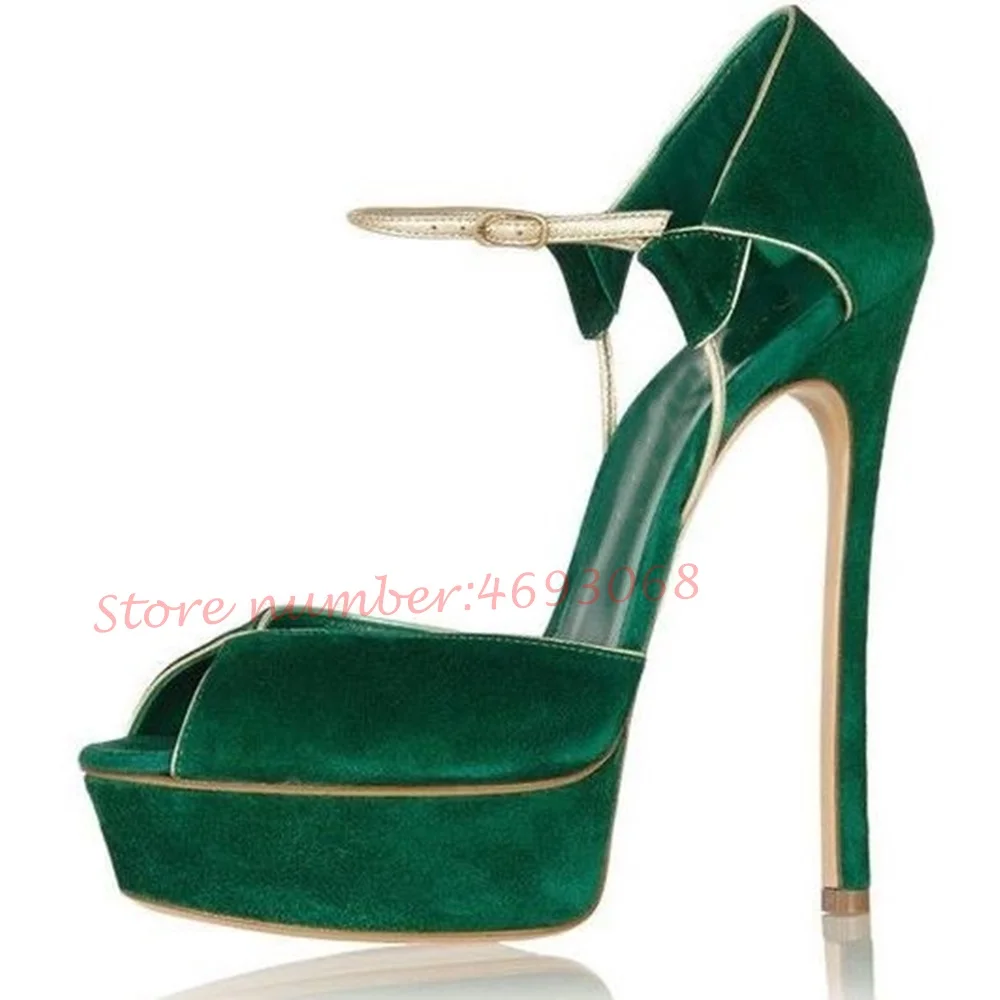 Green Suede Metal Heels Sandals Women Cover Heel Party Design Sandals Summer Peep Toe High Stiletto Heels Sandals Elegant Shoes