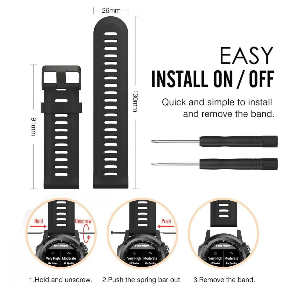 Pulseira de substituição de silicone macio, pulseira para relógio inteligente Garmin Fenix 3 HR e 3HR Sport, pulseira com ferramenta