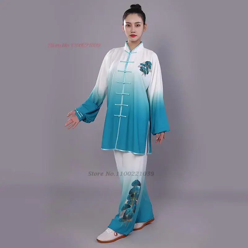 2024 Tai Chi Uniform Wushu Kung Fu Set nationalen Farbverlauf Blumen druck Taijiquan Praxis Kampfkunst Flügel Chun Tops Hosen