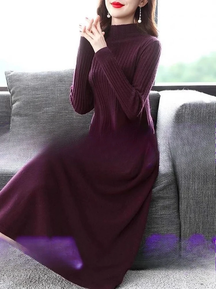 

Autumn Winter Knitted Slim Basic Half High Collar Dresses Women's Clothing Solid Color Long Sleeve Elegant Bottom Dress CQ346