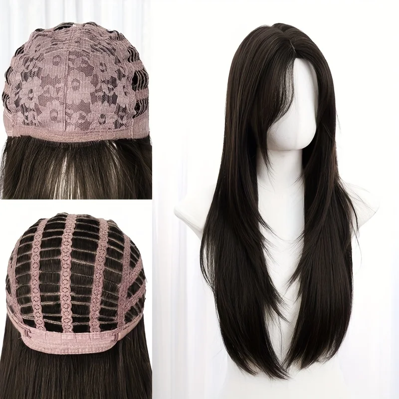 28-inch High-Temperature Fiber Wig + Hair Net, Middle Part Layered Cut Style, Suitable for Concerts and Parties