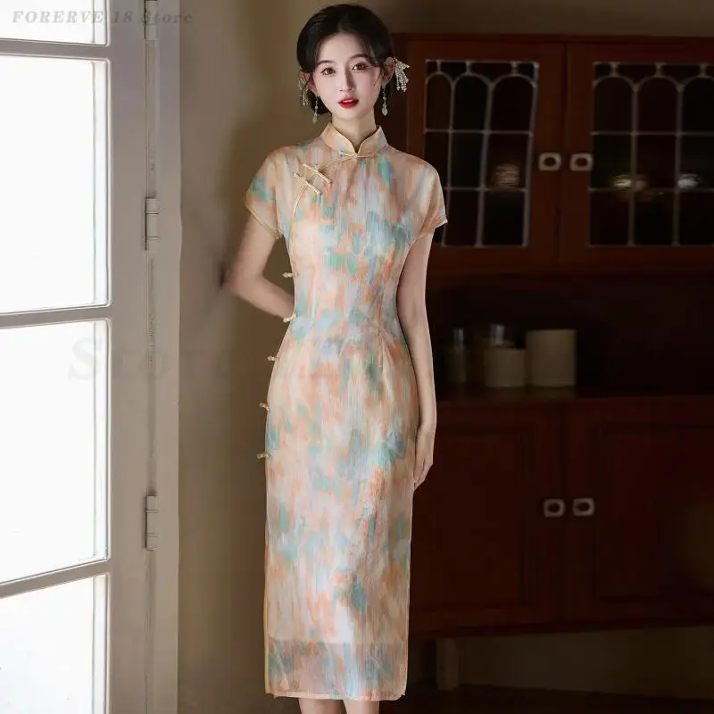 

Винтажное платье Cheongsam в китайском стиле, женское элегантное темпераментное платье Ципао, традиционное платье с воротником-стойкой, восточное вечернее платье