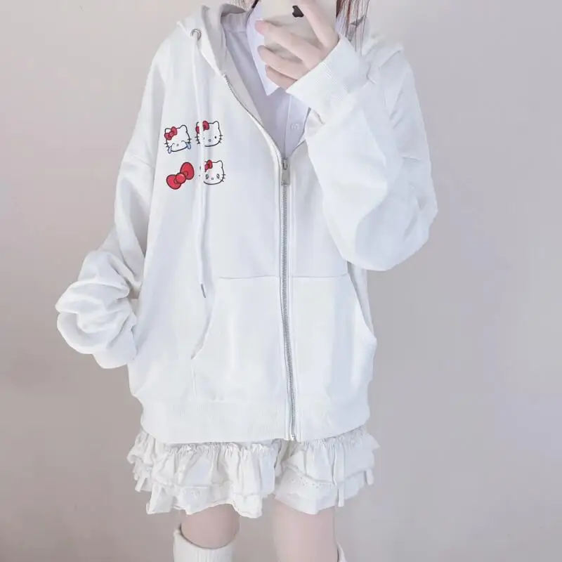 

Sanrio Hello Kitty женские толстовки с капюшоном Kawaii мультфильм студенческие осенние топы на молнии с длинными рукавами женская одежда верхняя одежда новинка