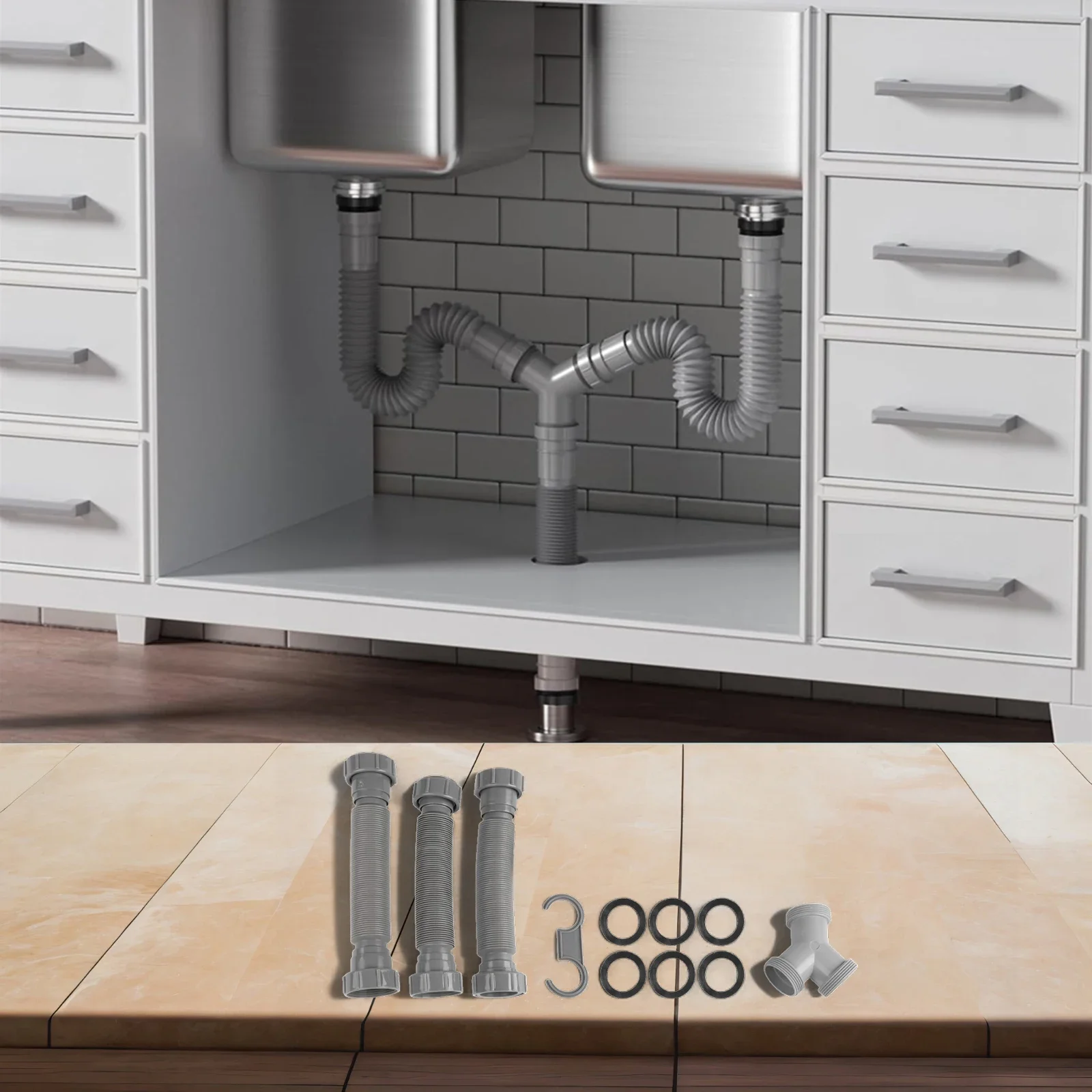 Adjustable Plumbing Drain Pipes Silicone Seal Double Sink Drain Kit Multiple Components Included Compatible With Various Sinks