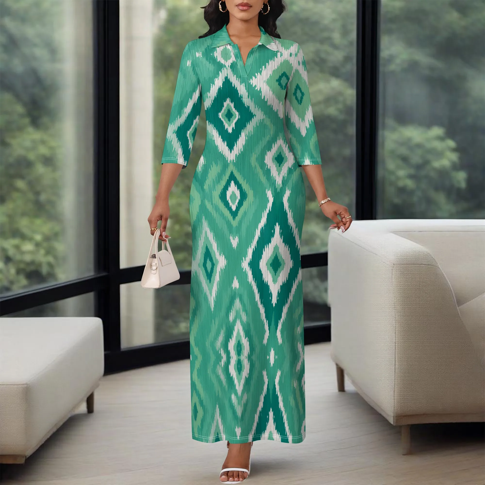 

Green Ikat Print Maxi Dress XS-3XL Collar V-Neck 3/4 Sleeve Slim Style for Cultural Event, Vacation or Summer Office Look