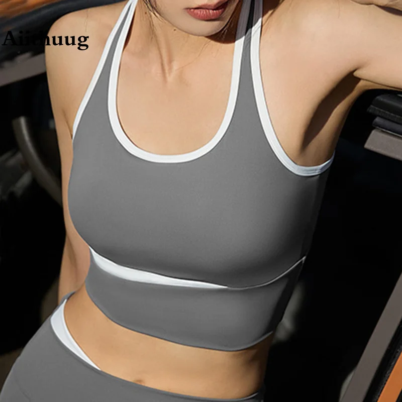 Aiithuug Splicing Joint Color Yoga Bras Build-in Cup Gym Bras Workout Bra Fitness Crop Top Yoga Crop Tops Jogging Sports Crops