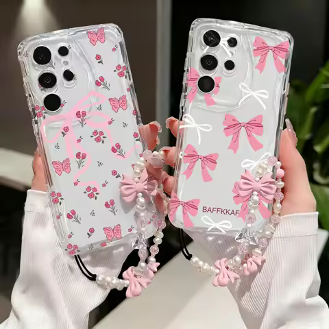 Korean Pink Bow Chain Strap Case For OPPO A6 Pro Reno 14 Pro 14f 13f 12f 11F A3 A5 PRO A36 Reno 8T Silicone Cover