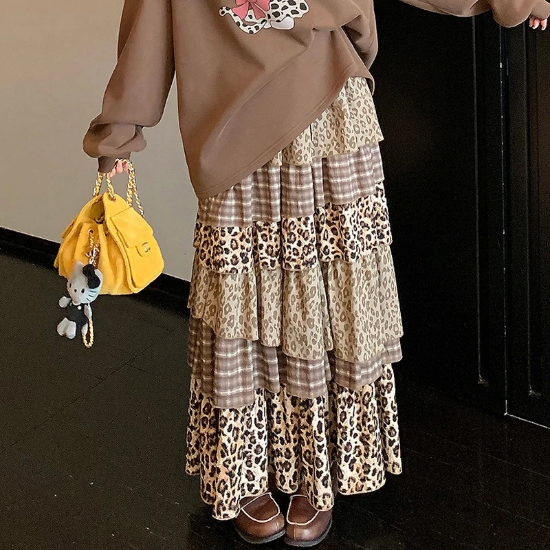 

Mid Long Skirts Women Leopard Print Skirt 2025 Goth Lolita Spring Summer High Waisted High Low Ruched Ruffle Pleated Skirts rok