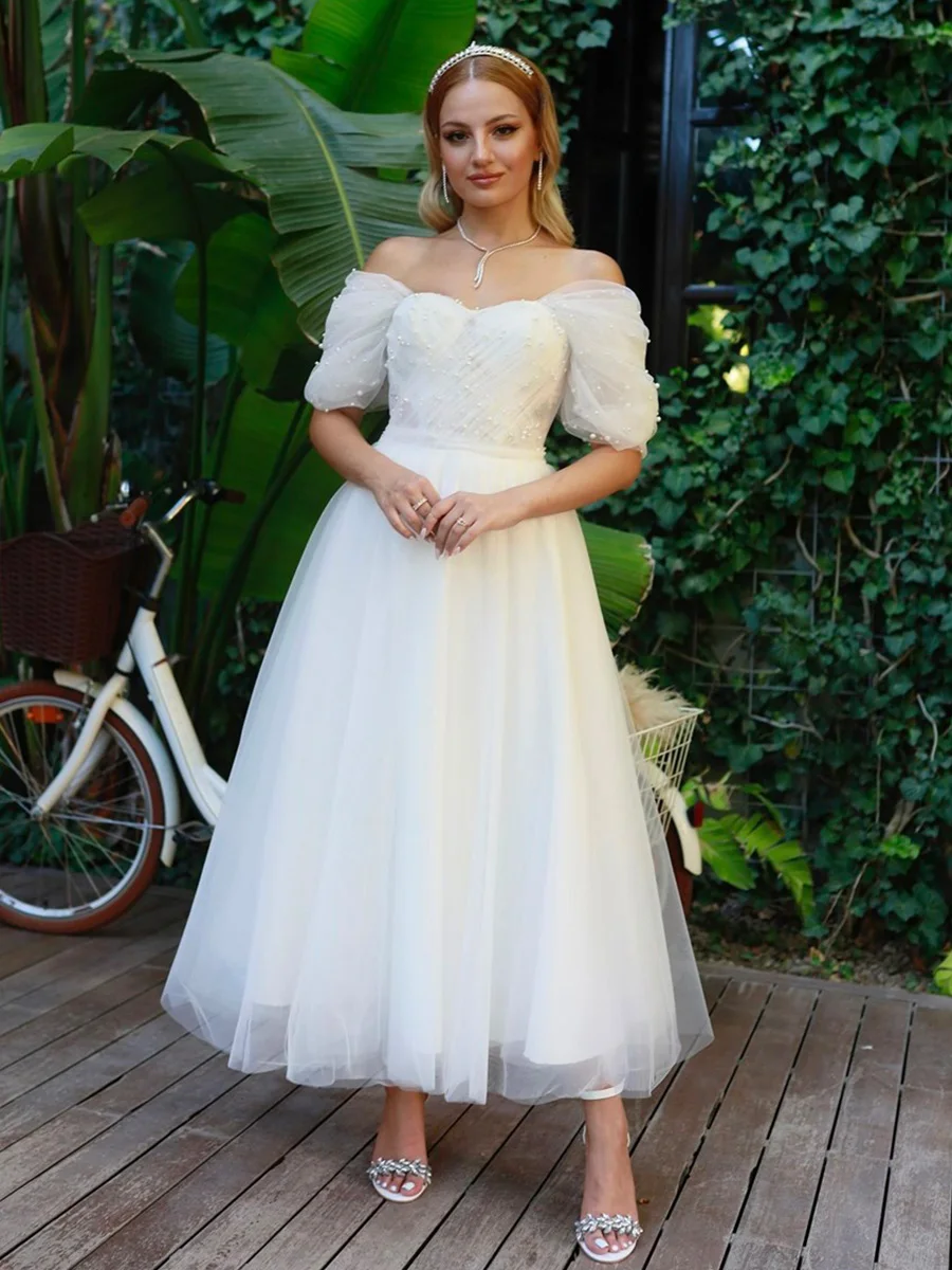 سويت هارت a-line فستان العروس عاجي ، فساتين زفاف بيضاء صغيرة ، ثنيات ، طول الشاي ، دانتيل ، بسيط ، مدني ، قلب