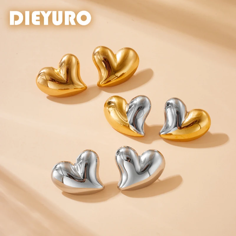 DIEYURO-Brinco Coração de Aço Inoxidável para Menina, Jóias simples, Ouro, Prata, Splicing, Amor, Orelha, Lady Gift, Festa, Moda, Novo, 316L