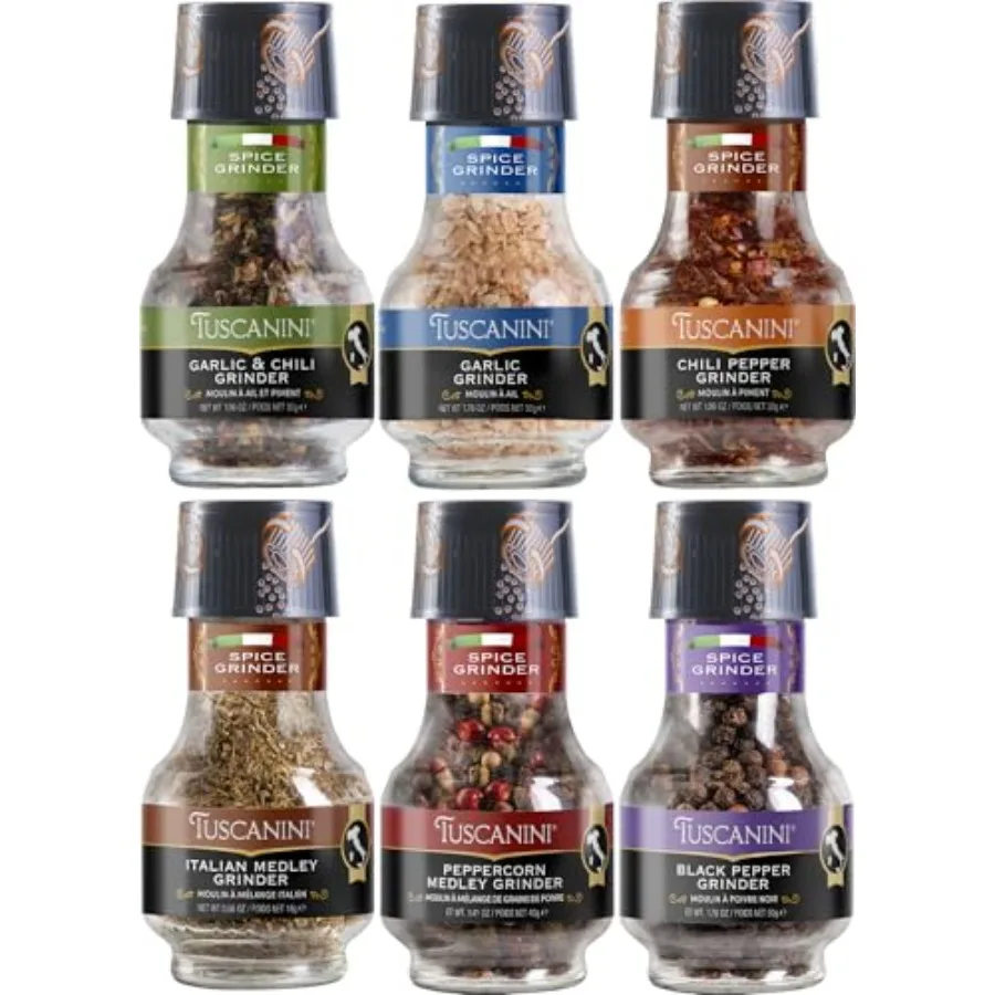 

6-Piece Premium Spice Grinder Variety Pack for Kitchen Use Italian-Made Freshly Ground Seasonings in Black Red and White Includ