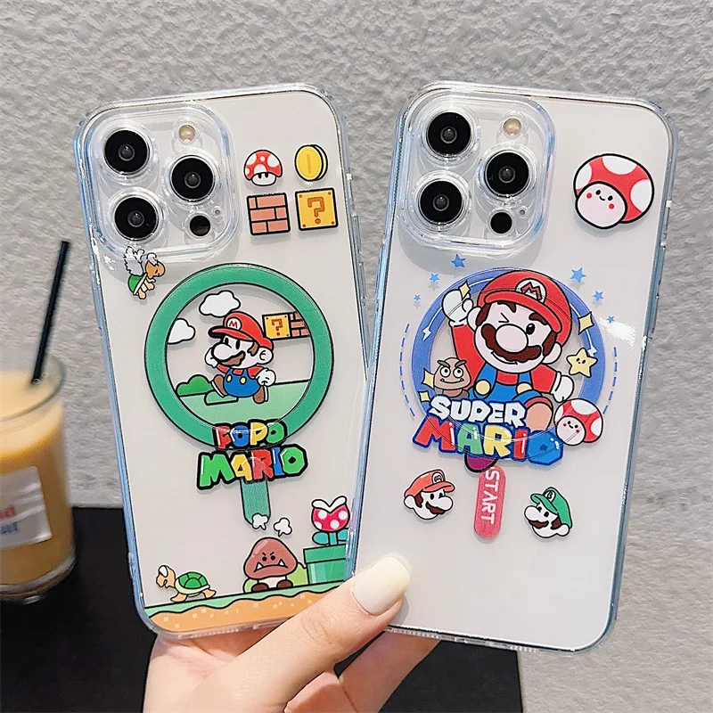 

Super Mario Bros Clear Magnetic Case for IPhone 16 15 14 13 Promax Case for IPhone 16promax 15 14 13 Pro Kawaii Soft Cover Funda