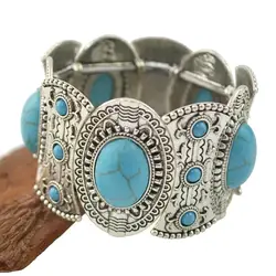 Bohemian Punk Gypsy Tibetan Vintage Metal Elastic Wide Bangles Bracelets Blue Stone Bead Statement Bracelet Handmade Women Party