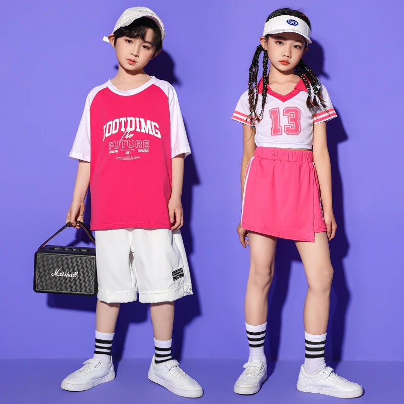 

Kid Hip Hop Clothing Cheerleading Pink T Shirt Tops Shorts Skirt Mini for Girls Boys Jazz Dance Costume Clothes Set with Socks