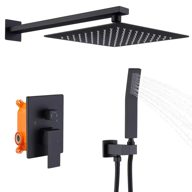 Shower System Shower Faucet Combo Set Wall-Mounted 12" Waterfall Shower Head Handheld Faucet Matte Black Finish Soft Alloy